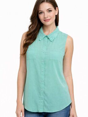 MINE Green Sleeveless Semi Sheer Button Front Dressy Career Blouse Womens Large